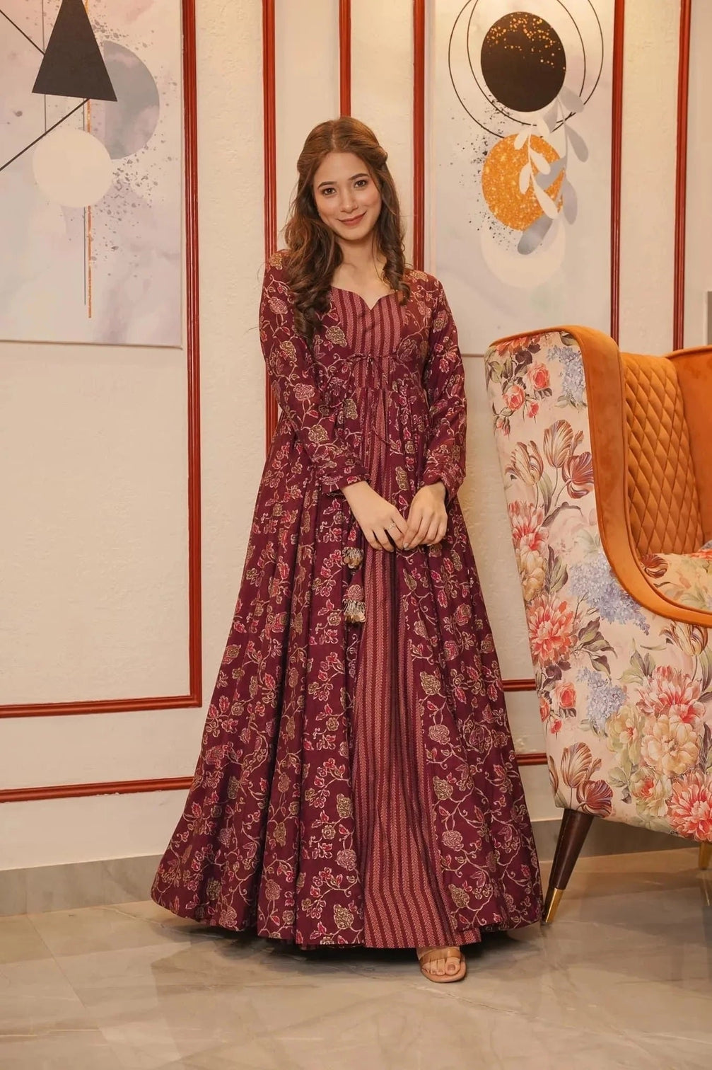 Maroon Muslin Digital Print Suit with Shrug