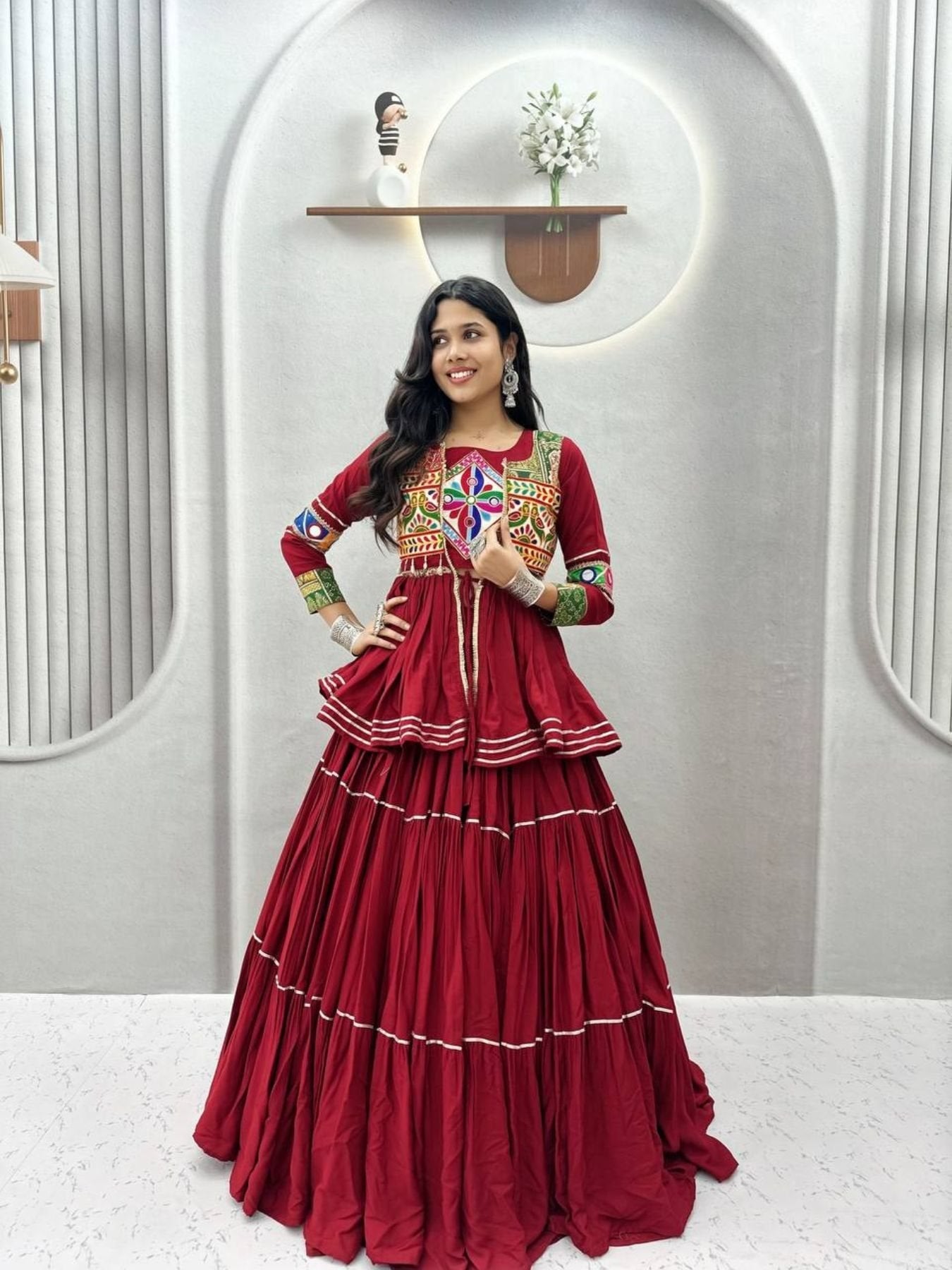 Navratri Gamthi Work Cotton Lehenga Choli with Koti and 9 Meter Flair