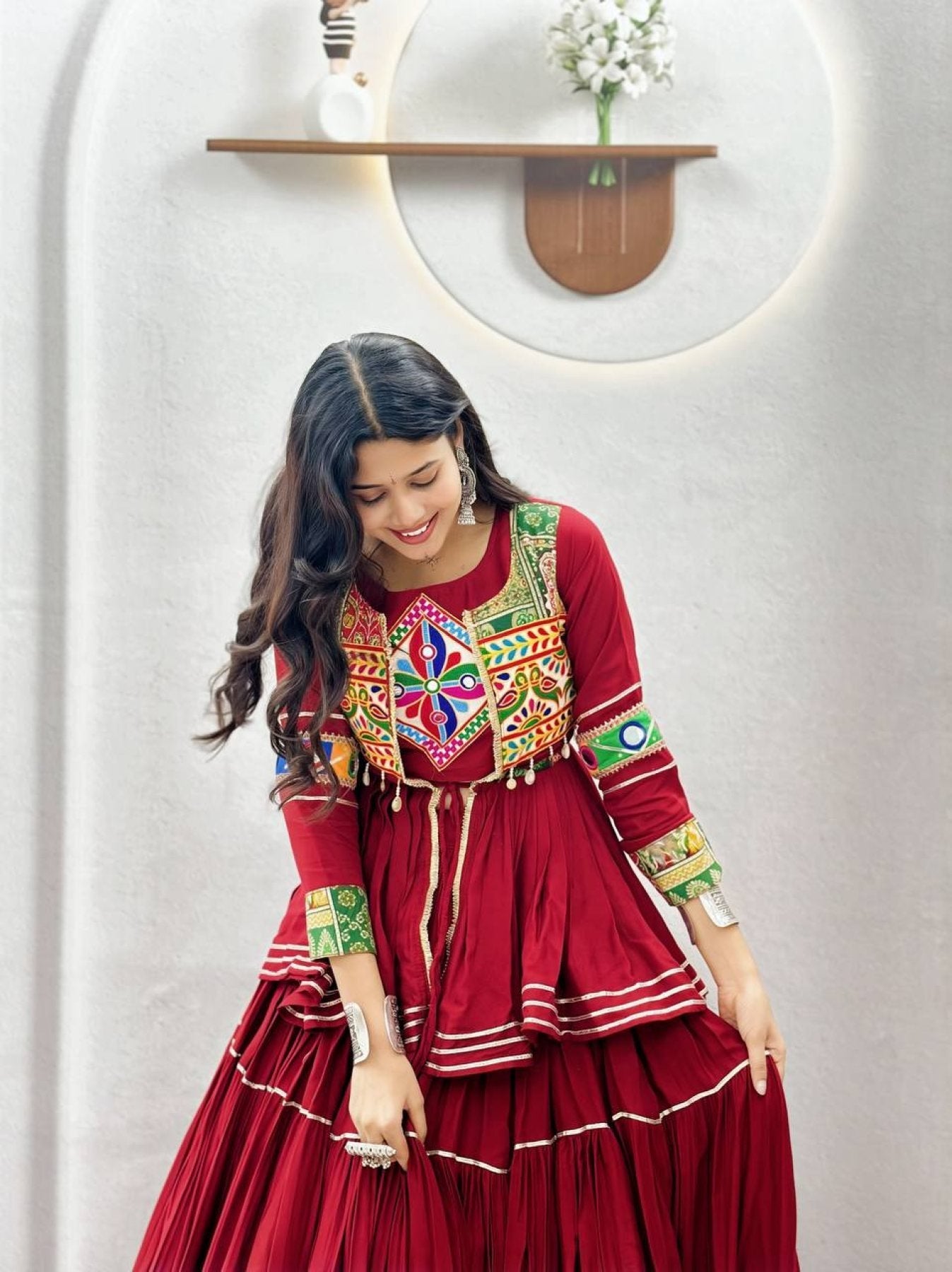 Navratri Gamthi Work Cotton Lehenga Choli with Koti and 9 Meter Flair