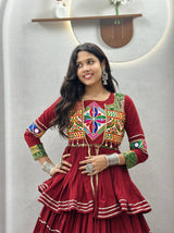 Navratri Gamthi Work Cotton Lehenga Choli with Koti and 9 Meter Flair
