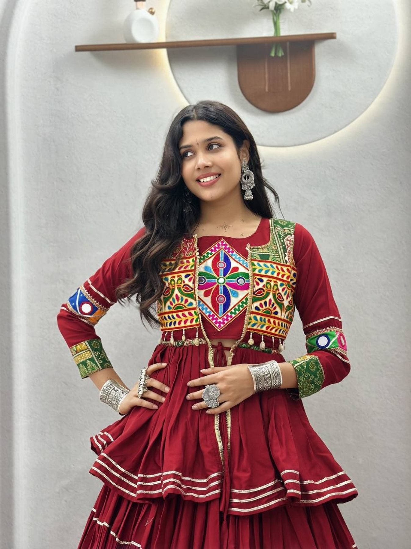 Navratri Gamthi Work Cotton Lehenga Choli with Koti and 9 Meter Flair