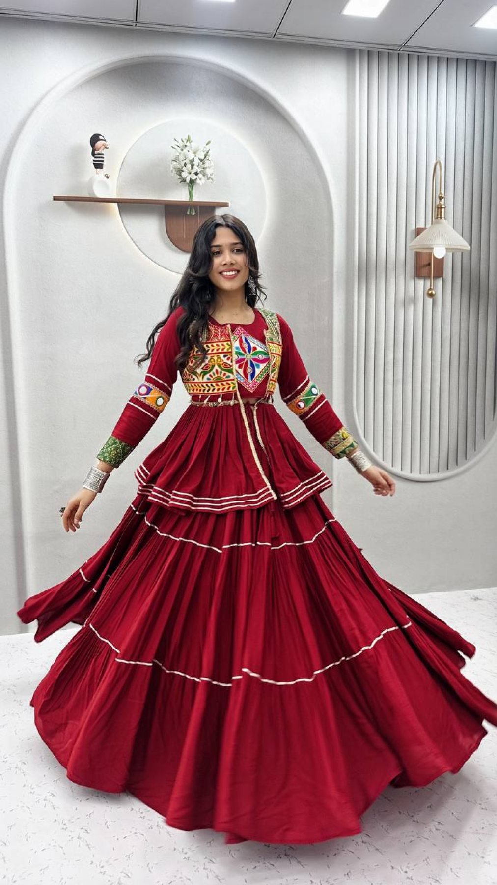 Navratri Gamthi Work Cotton Lehenga Choli with Koti and 9 Meter Flair