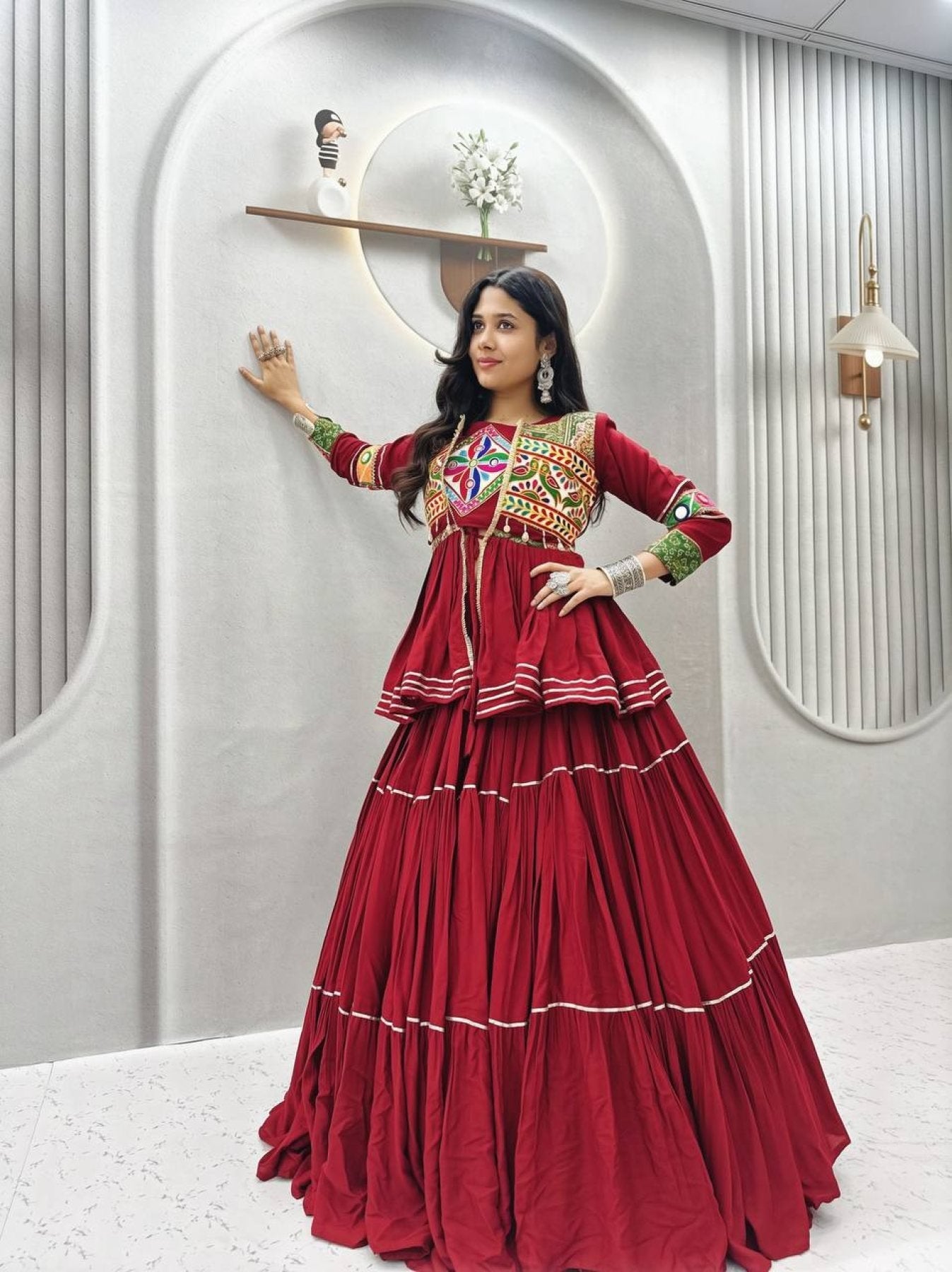 Navratri Gamthi Work Cotton Lehenga Choli with Koti and 9 Meter Flair