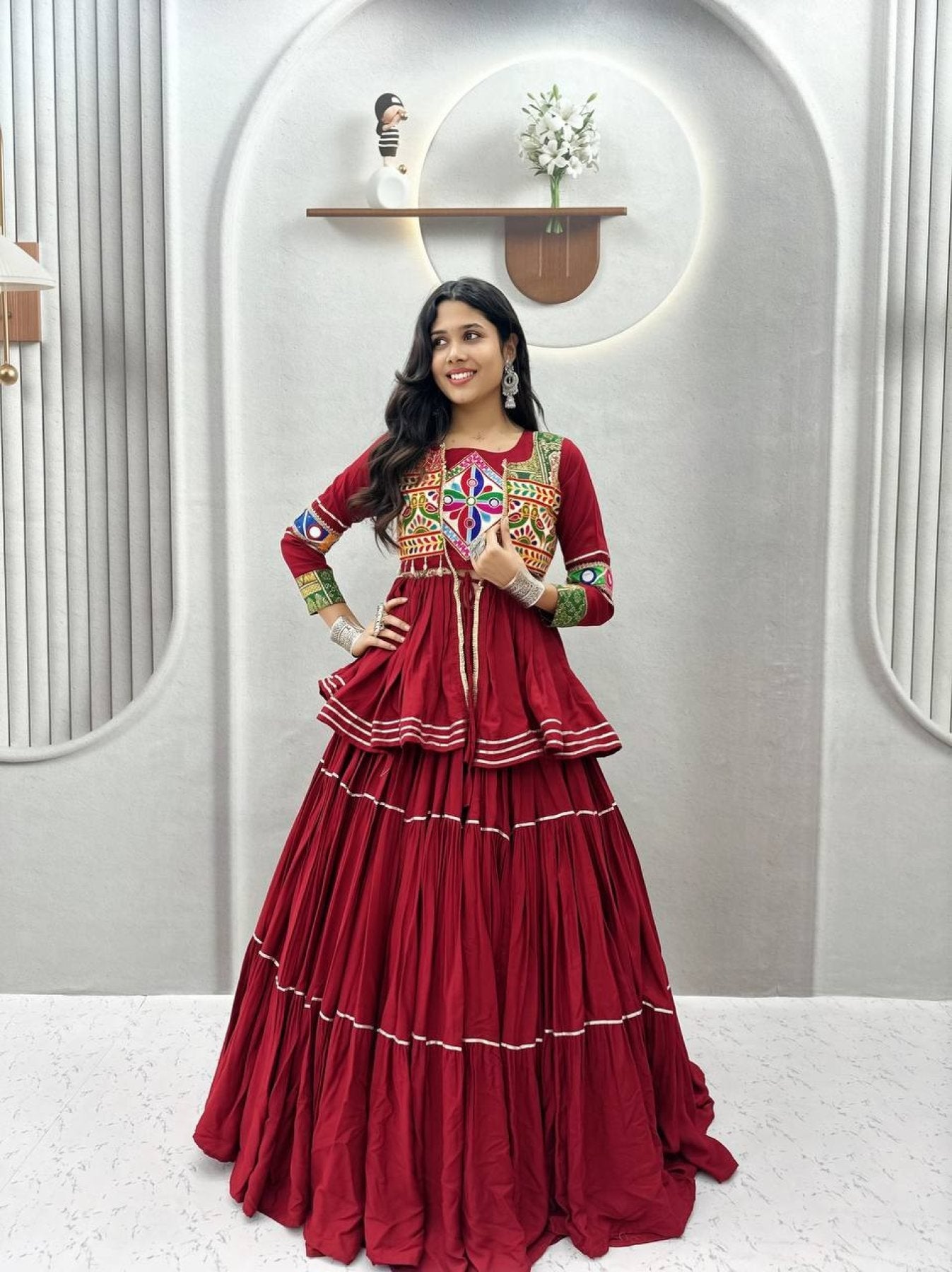 Navratri Gamthi Work Cotton Lehenga Choli with Koti and 9 Meter Flair