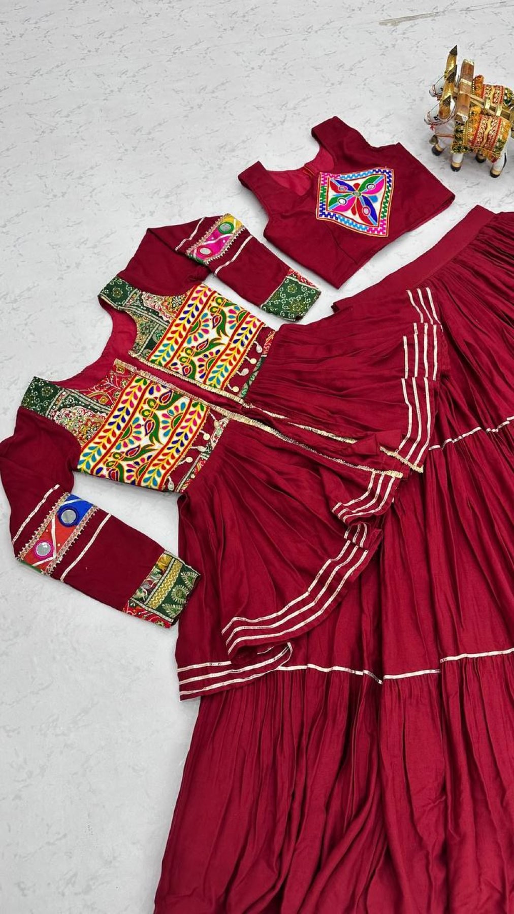 Navratri Gamthi Work Cotton Lehenga Choli with Koti and 9 Meter Flair