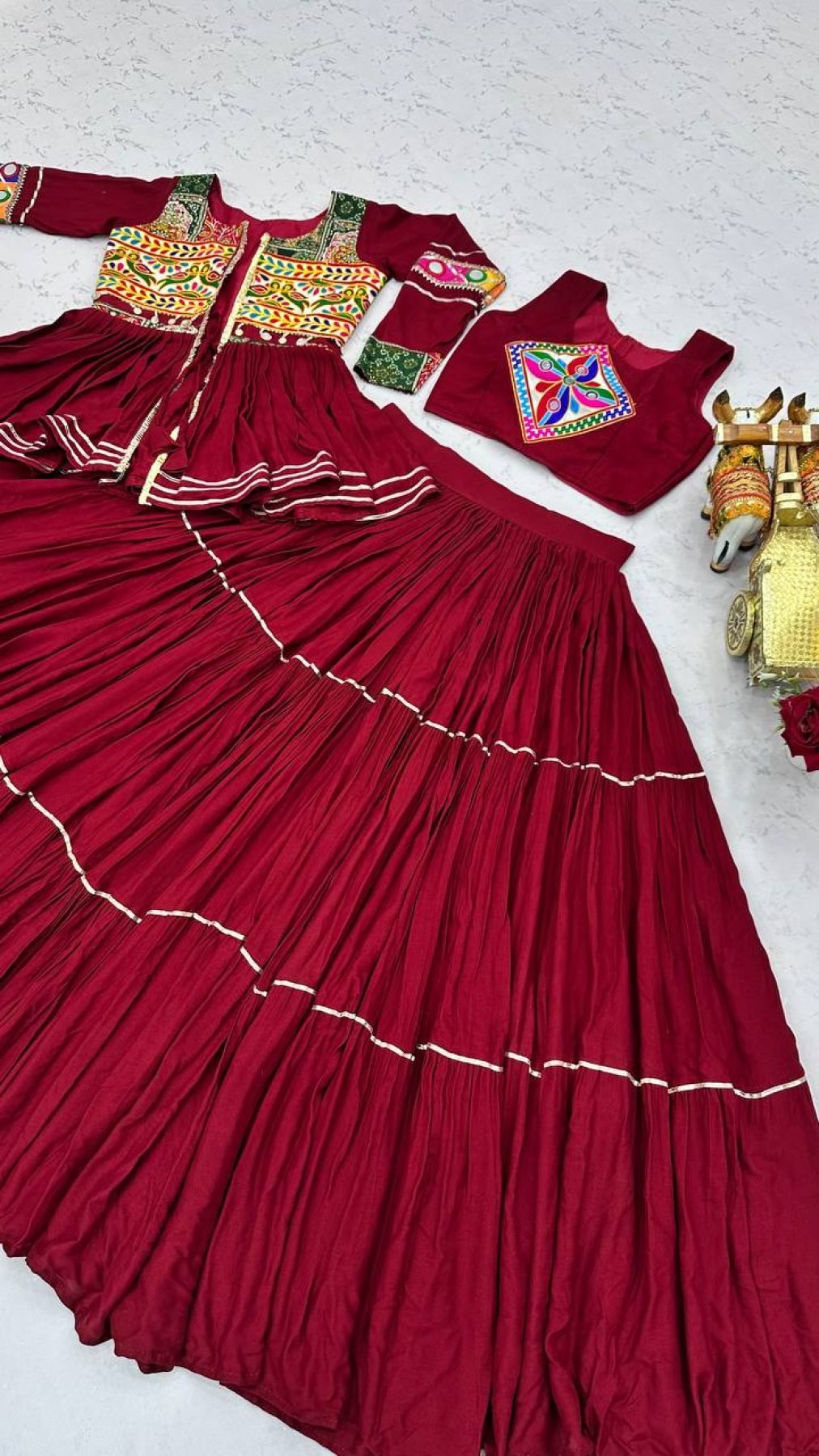 Navratri Gamthi Work Cotton Lehenga Choli with Koti and 9 Meter Flair