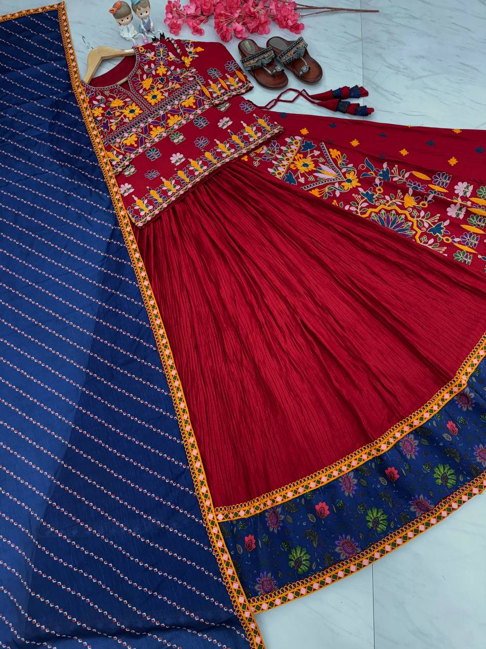 Maroon Navratri Pure Rayon Lehenga Choli Set with Gamthi Embroidery