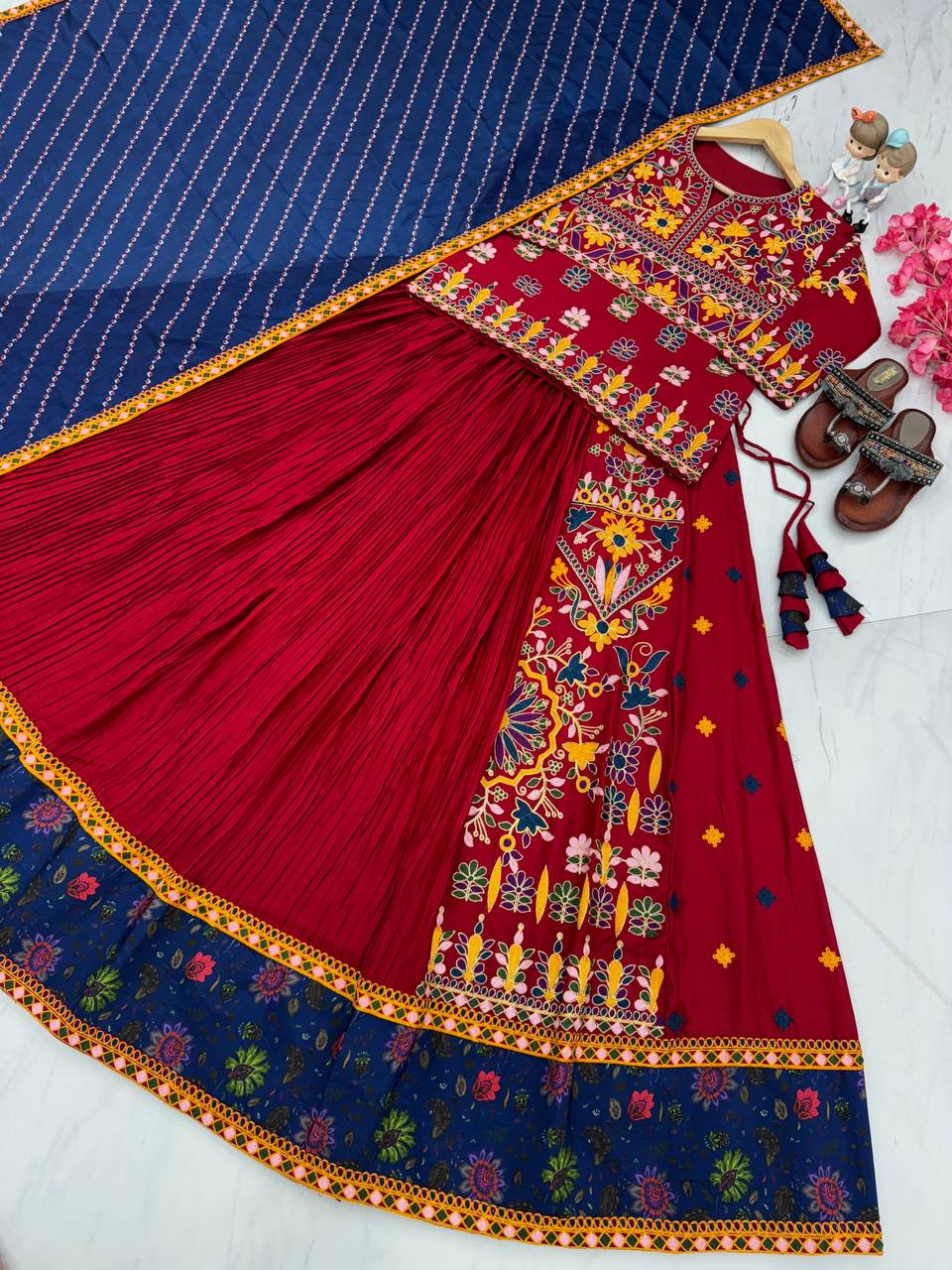 Maroon Navratri Pure Rayon Lehenga Choli Set with Gamthi Embroidery