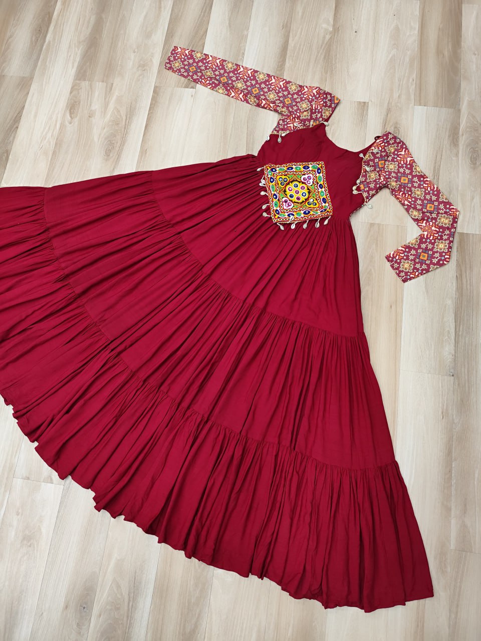 Maroon Navratri Special Gown with Kutchi Gamthi Embroidery – 3 Layer Frill & 12 Meter Flair