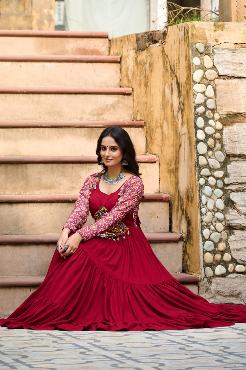 Maroon Navratri Special Gown with Kutchi Gamthi Embroidery – 3 Layer Frill & 12 Meter Flair