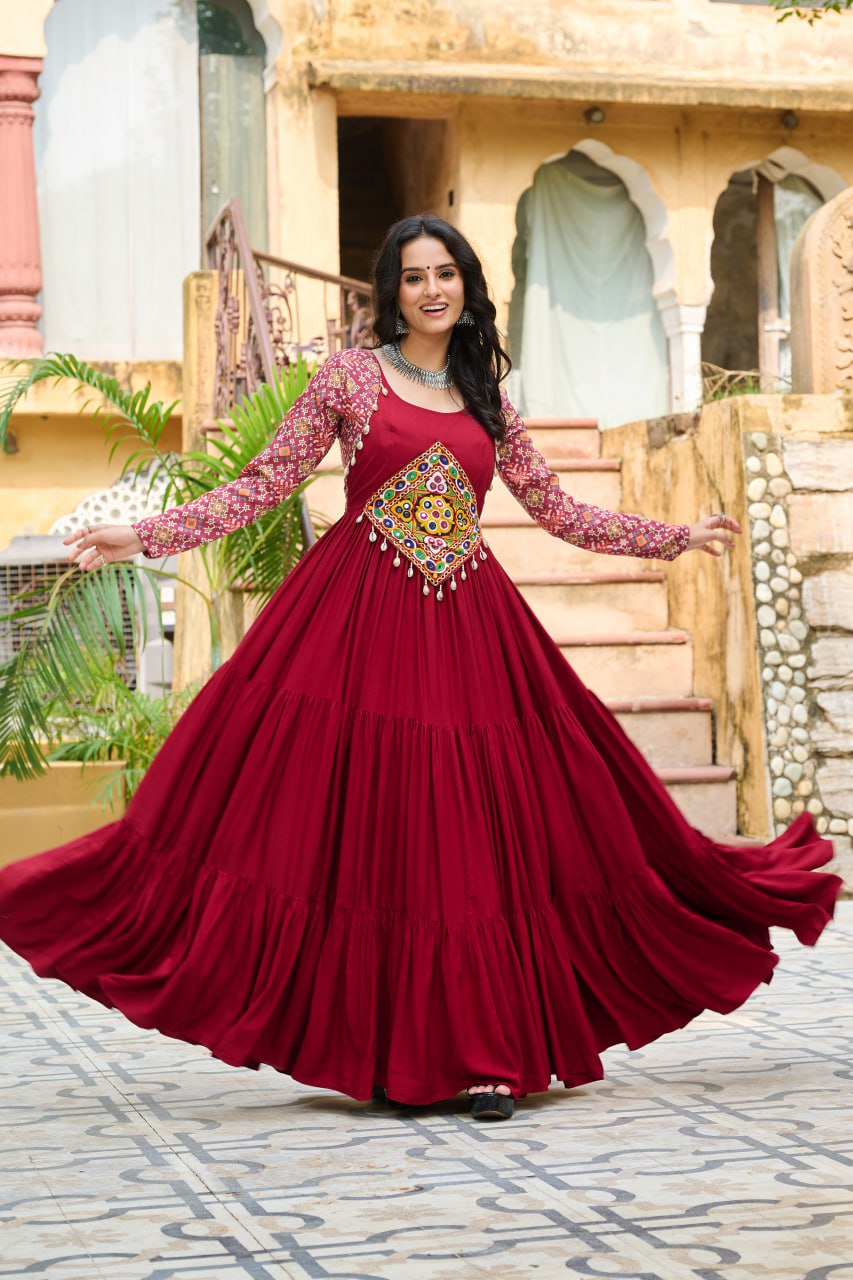 Maroon Navratri Special Gown with Kutchi Gamthi Embroidery – 3 Layer Frill & 12 Meter Flair