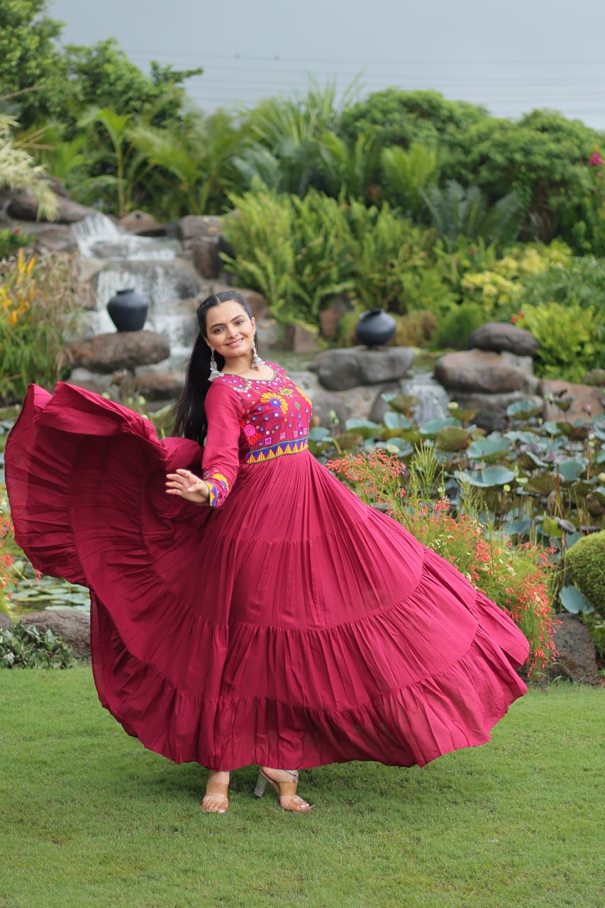 Maroon Navratri Special Kutchi Gamthi Work Gown in 14 Kg Rayon with 4-Layer Frill & Full Sleeves
