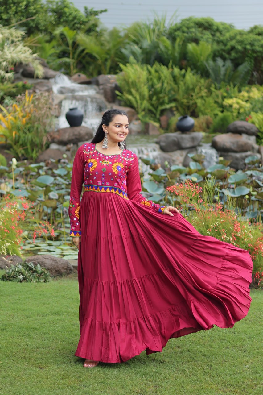 Maroon Navratri Special Kutchi Gamthi Work Gown in 14 Kg Rayon with 4-Layer Frill & Full Sleeves