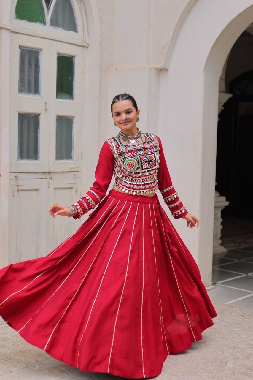 Maroon Navratri Special Roman Fabric Lehenga Choli with Kutchi Gamthi & Mirror Work