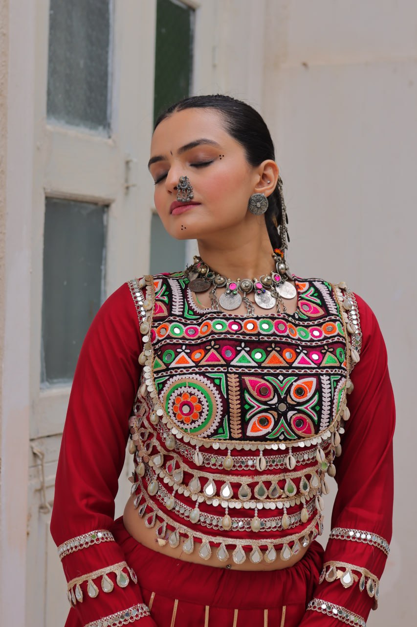 Maroon Navratri Special Roman Fabric Lehenga Choli with Kutchi Gamthi & Mirror Work