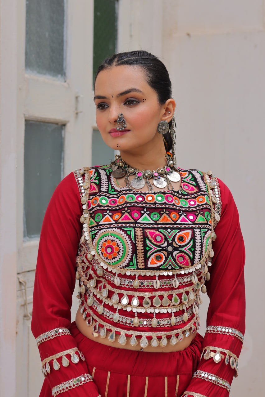 Maroon Navratri Special Roman Fabric Lehenga Choli with Kutchi Gamthi & Mirror Work