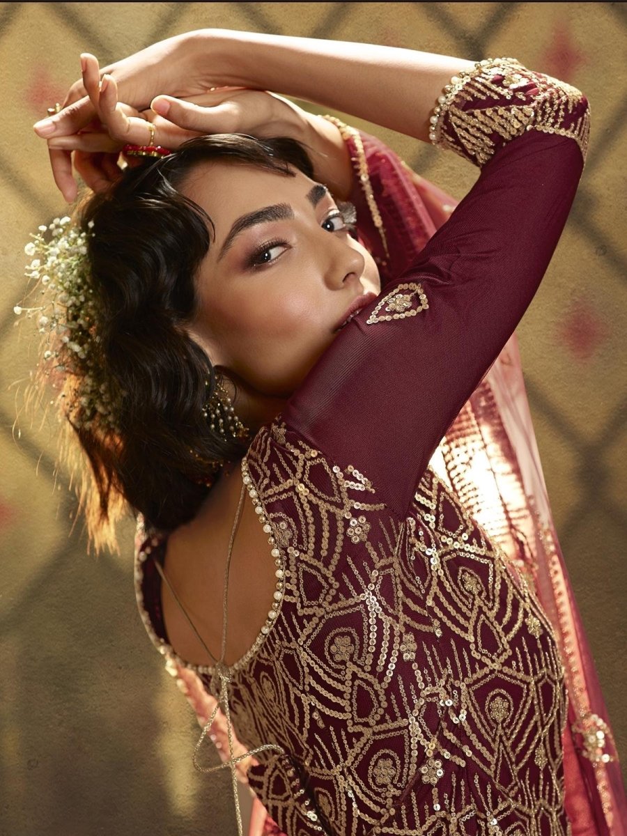Maroon Net Embroidered Partywear Sharara Suit