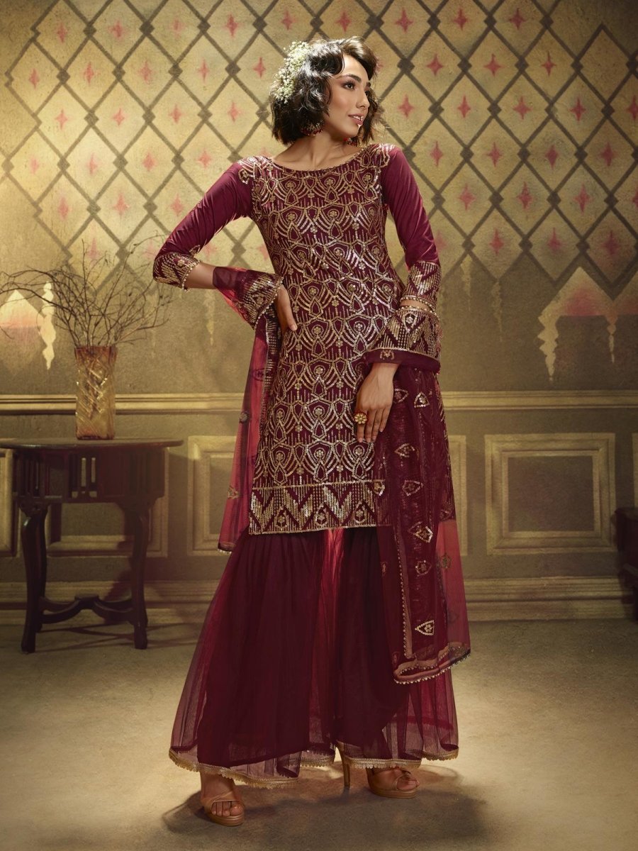 Maroon Net Embroidered Partywear Sharara Suit