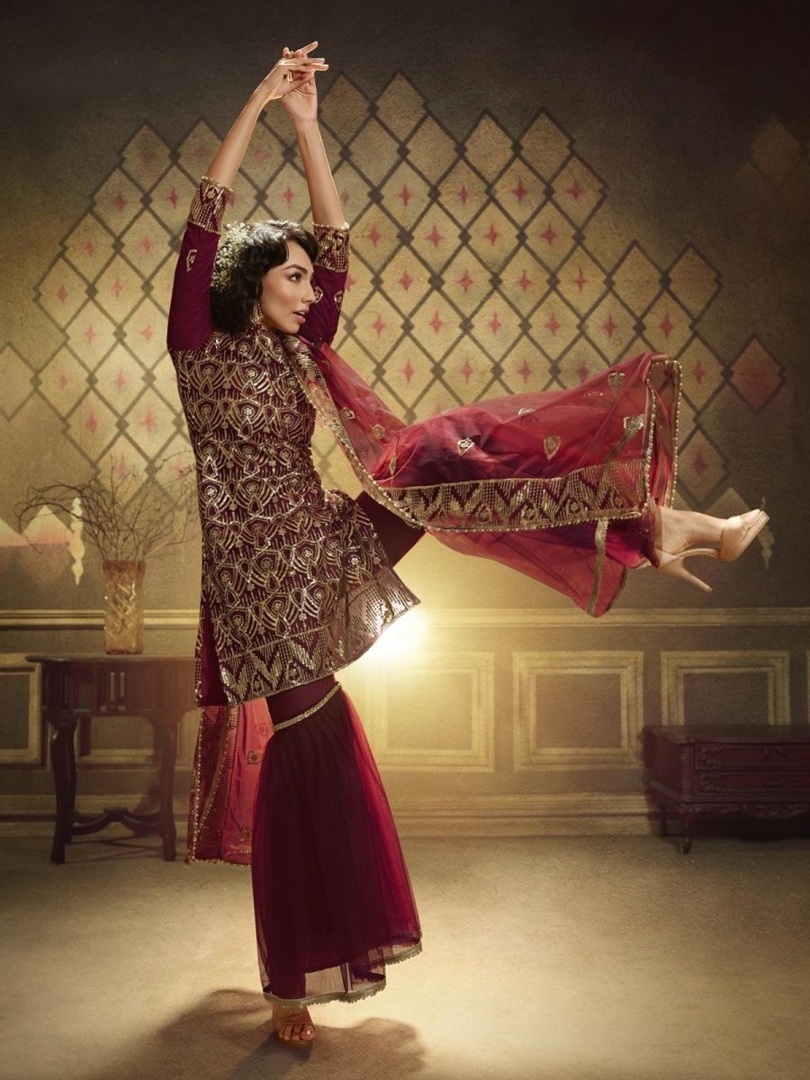 Maroon Net Embroidered Partywear Sharara Suit