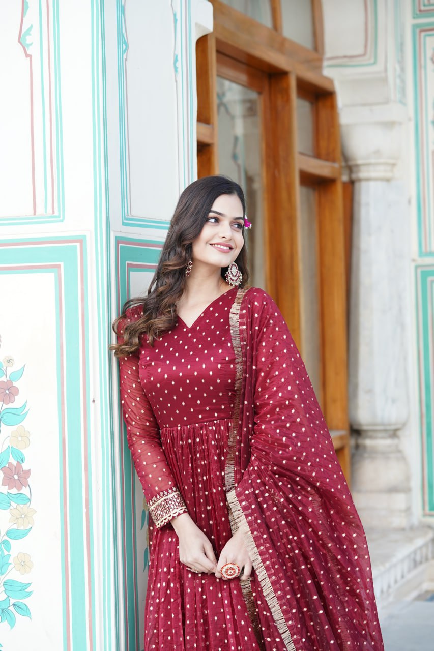 Maroon Nylon Jacquard Readymade Gown with Dupatta Set - Embroidery & Zari Sequin Work