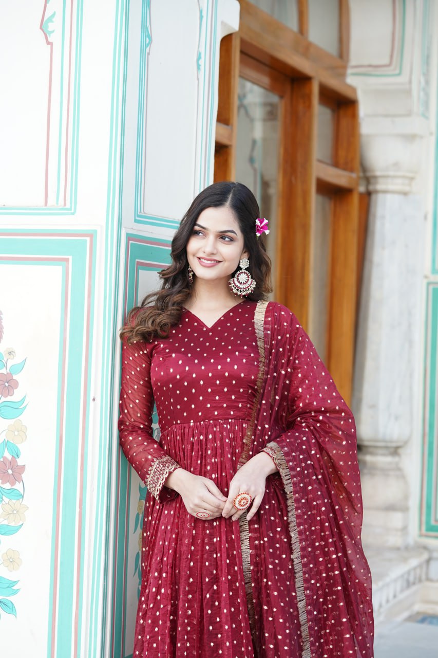 Maroon Nylon Jacquard Readymade Gown with Dupatta Set - Embroidery & Zari Sequin Work