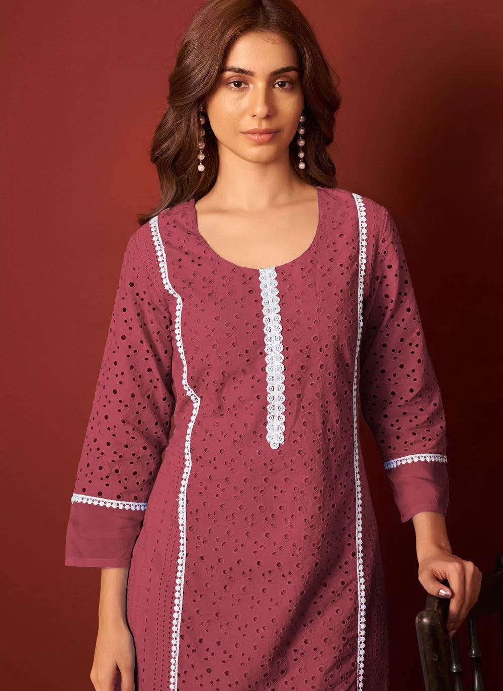 Refined maroon office wear cotton kurti set with dupatta