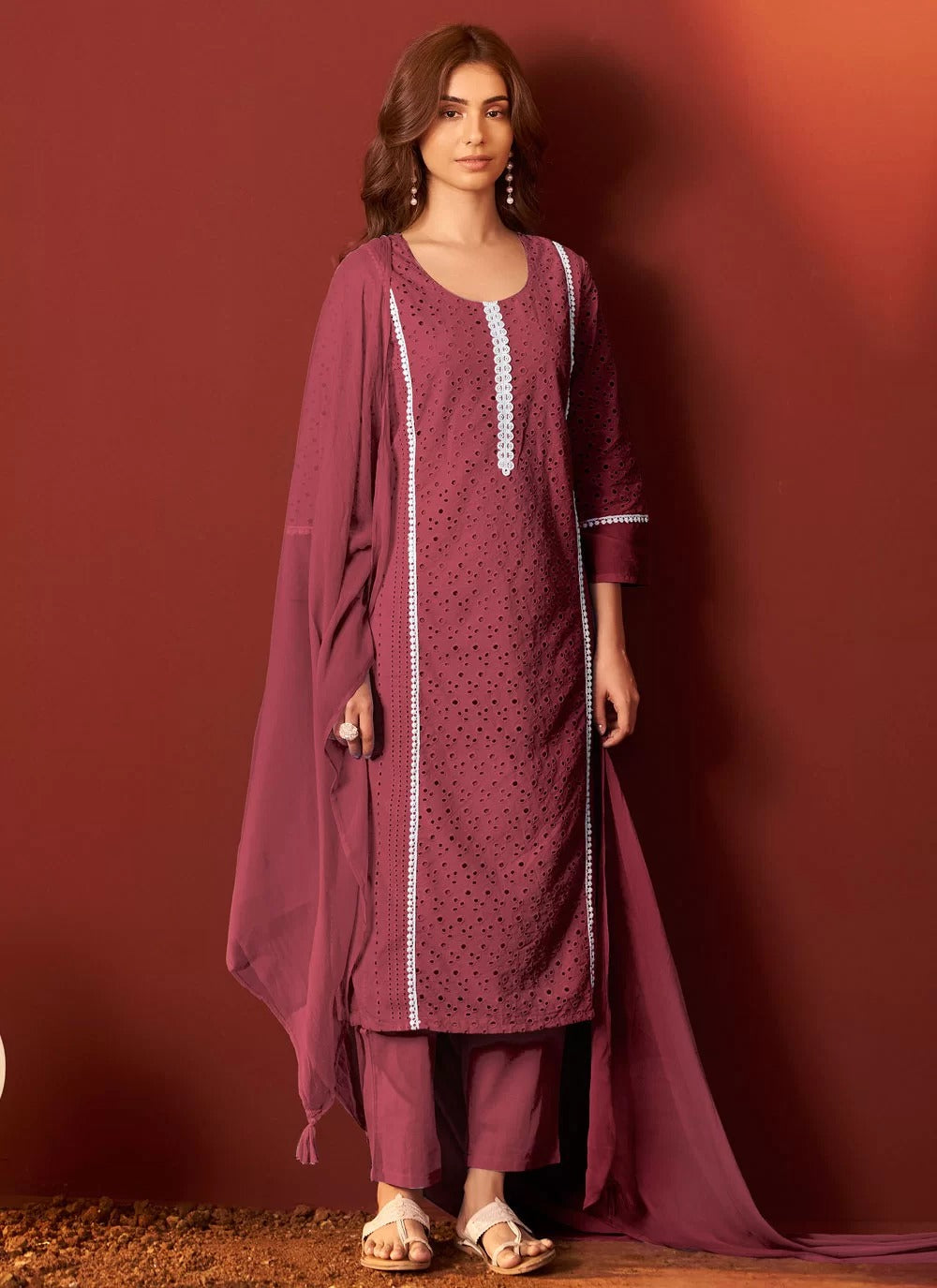 Refined maroon office wear cotton kurti set with dupatta
