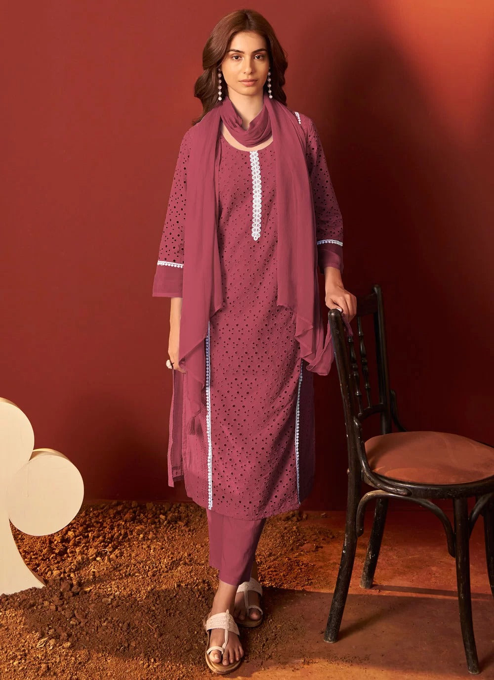 Refined maroon office wear cotton kurti set with dupatta