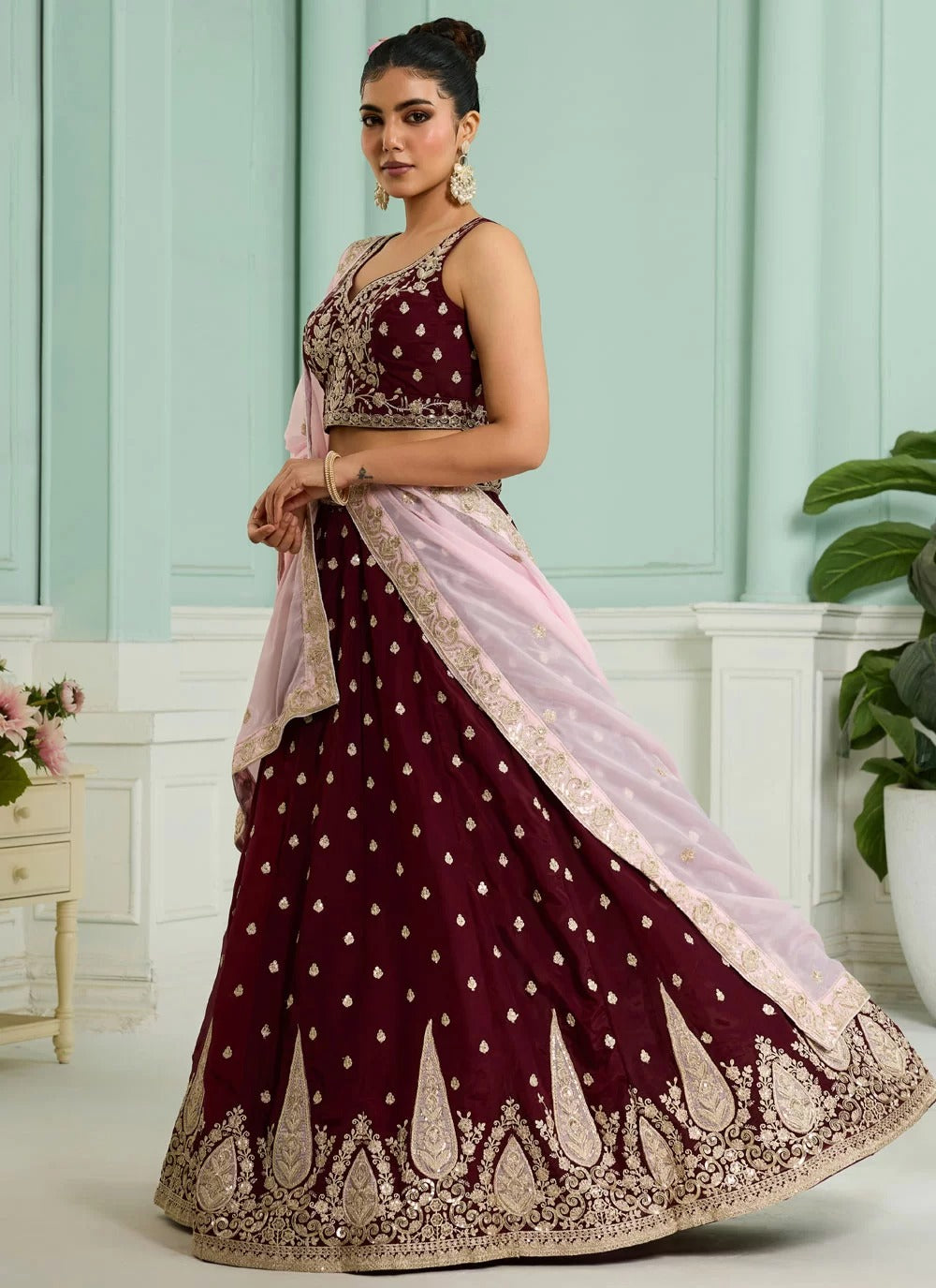 Maroon embroidered wedding lehenga choli in organza with pink dupatta