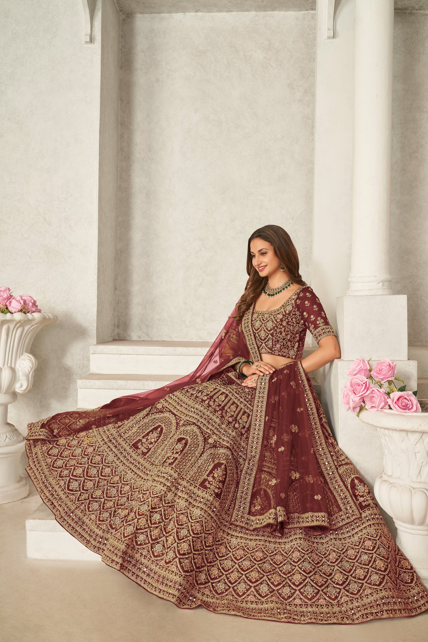 Maroon Organza Net Lehenga Choli Set - Embroidered Bridal Wear