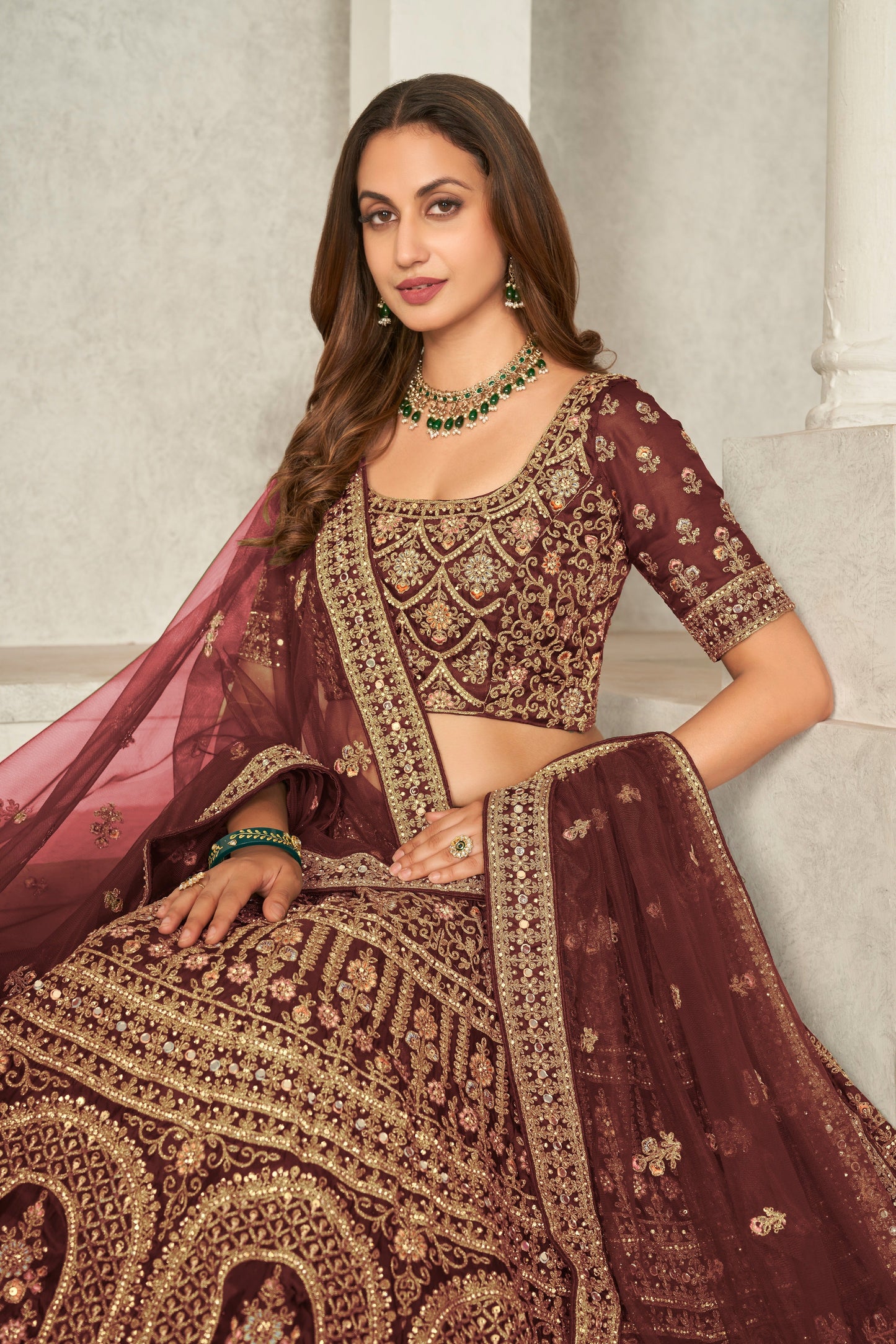 Maroon Organza Net Lehenga Choli Set - Embroidered Bridal Wear