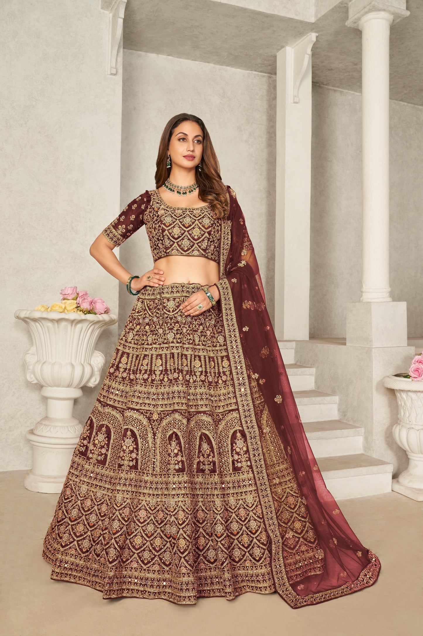 Maroon Organza Net Lehenga Choli Set - Embroidered Bridal Wear