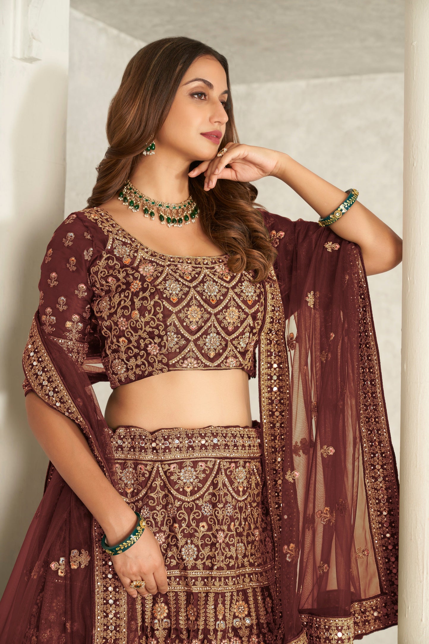 Maroon Organza Net Lehenga Choli Set - Embroidered Bridal Wear