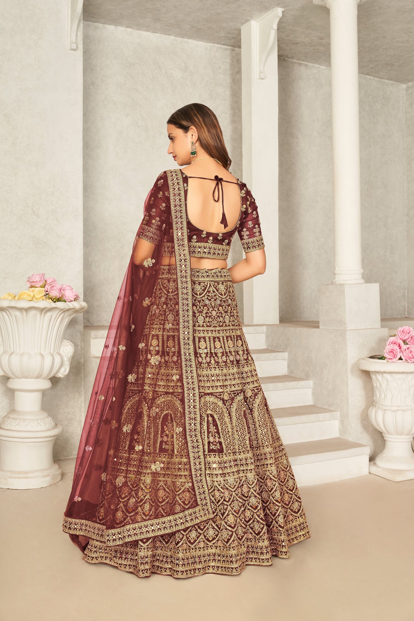 Maroon Organza Net Lehenga Choli Set - Embroidered Bridal Wear