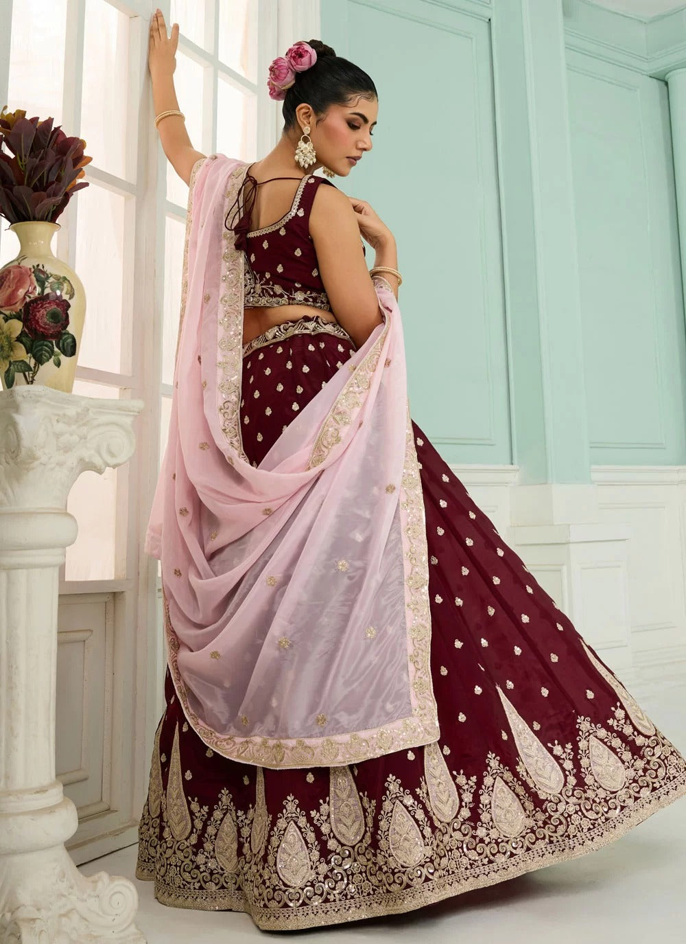 Maroon embroidered wedding lehenga choli in organza with pink dupatta