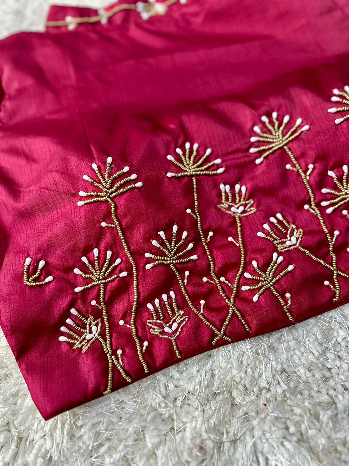 Maroon Pista Silk Blouse with Handwork and Designer Handcrafted Collar