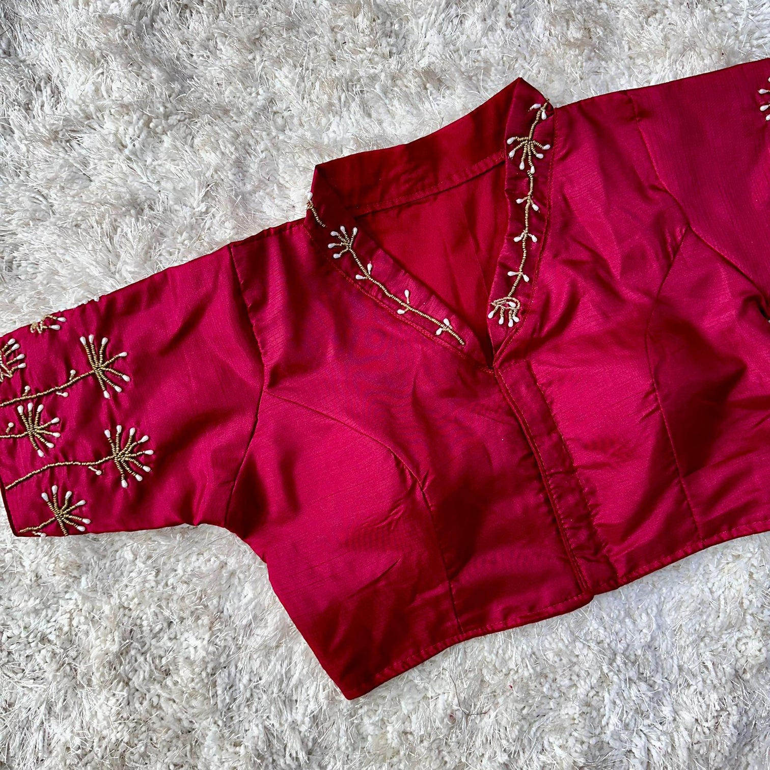 Maroon Pista Silk Blouse with Handwork and Designer Handcrafted Collar