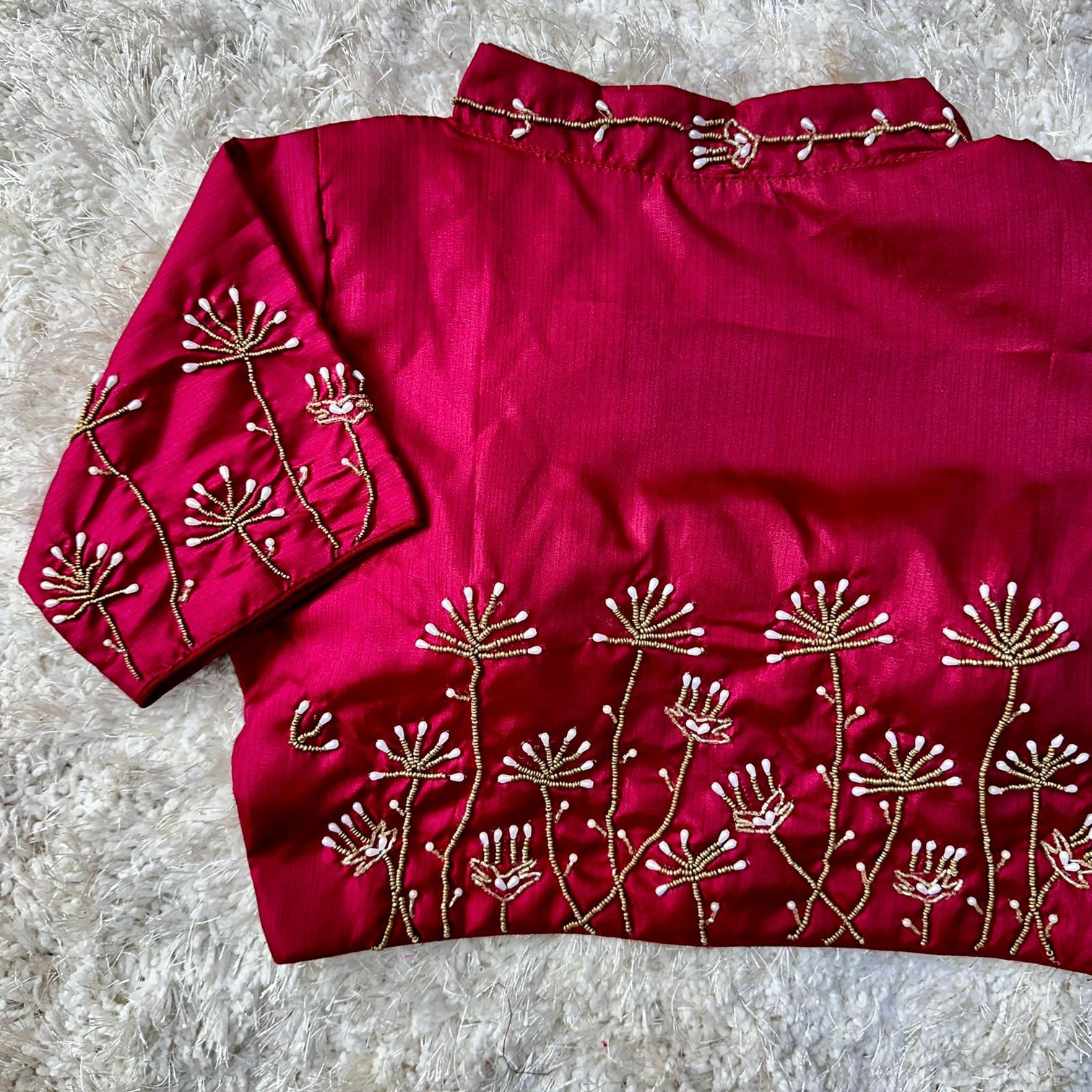 Maroon Pista Silk Blouse with Handwork and Designer Handcrafted Collar