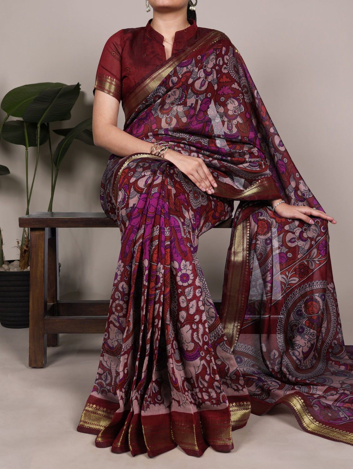 Maroon Polyester Kalamkari Print Saree