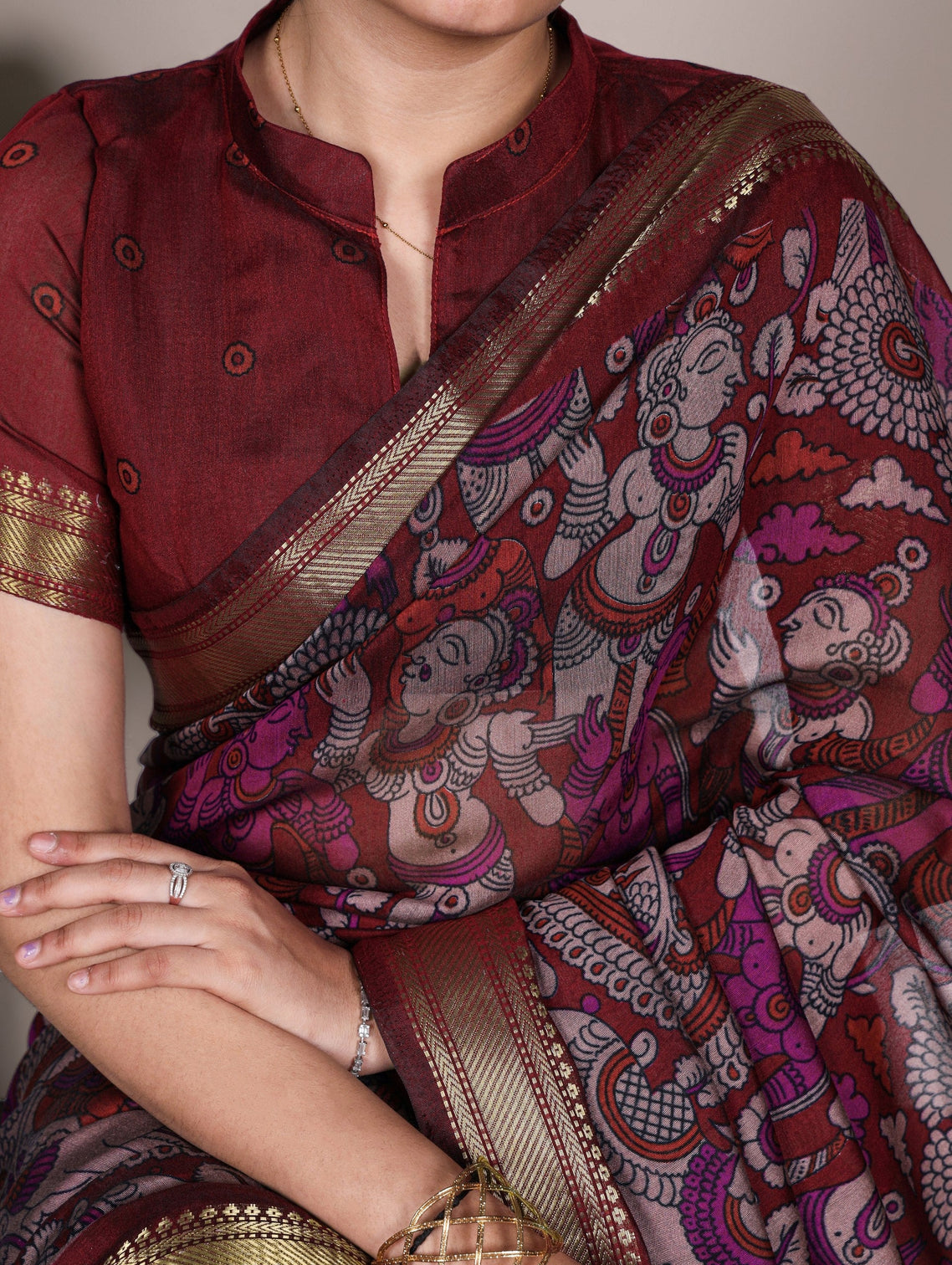 Maroon Polyester Kalamkari Print Saree