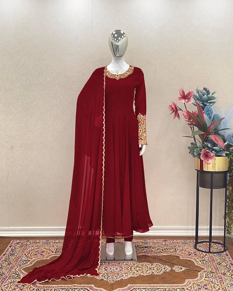 Maroon Premium Designer Party Wear Anarkali Gown, Dupatta & Bottom Set