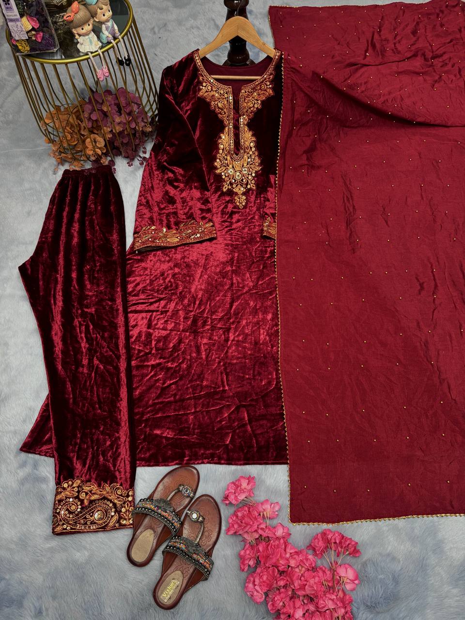 Maroon Premium Designer Party Wear Velvet Top, Bottom & Dupatta Set