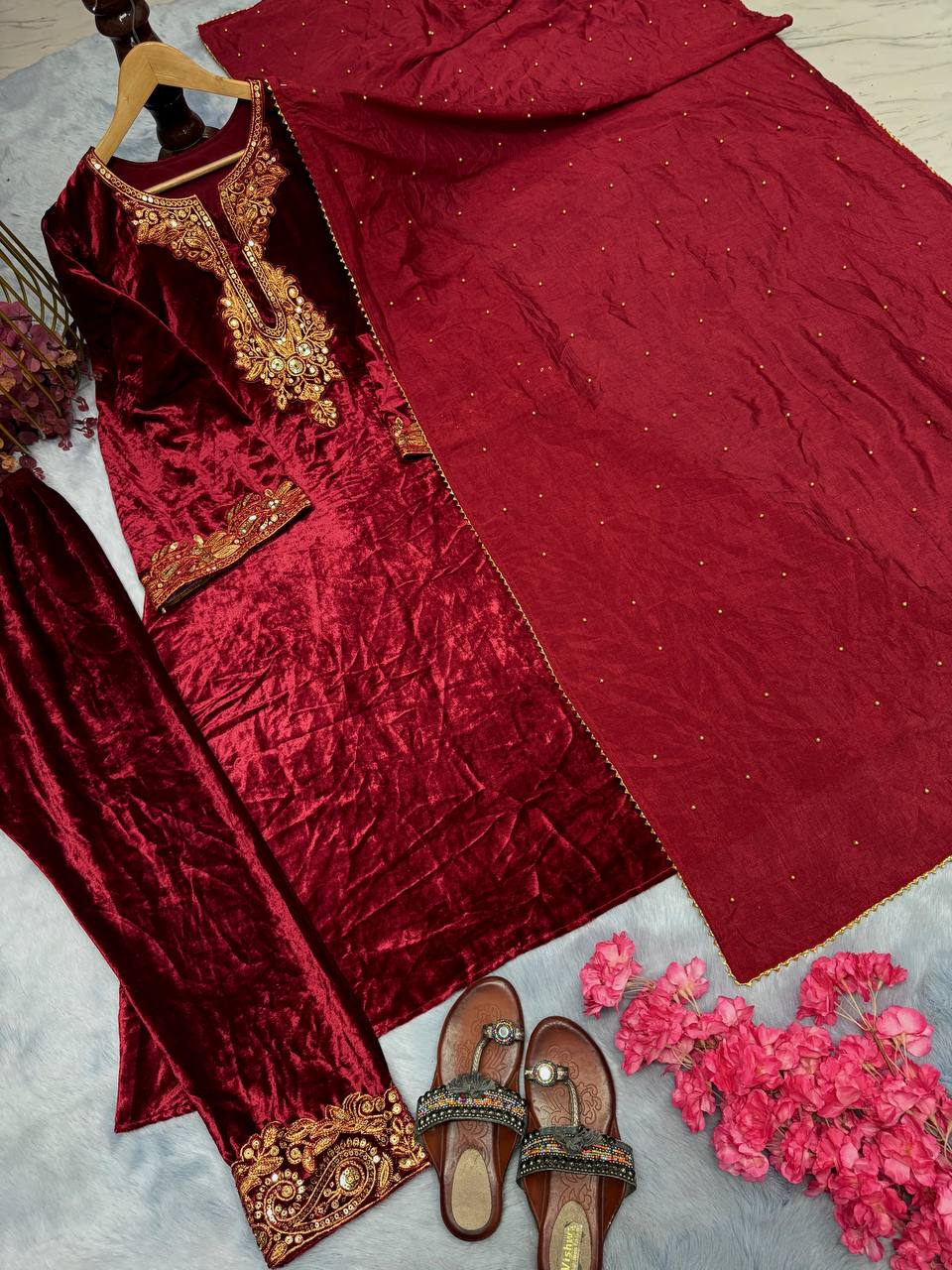 Maroon Premium Designer Party Wear Velvet Top, Bottom & Dupatta Set