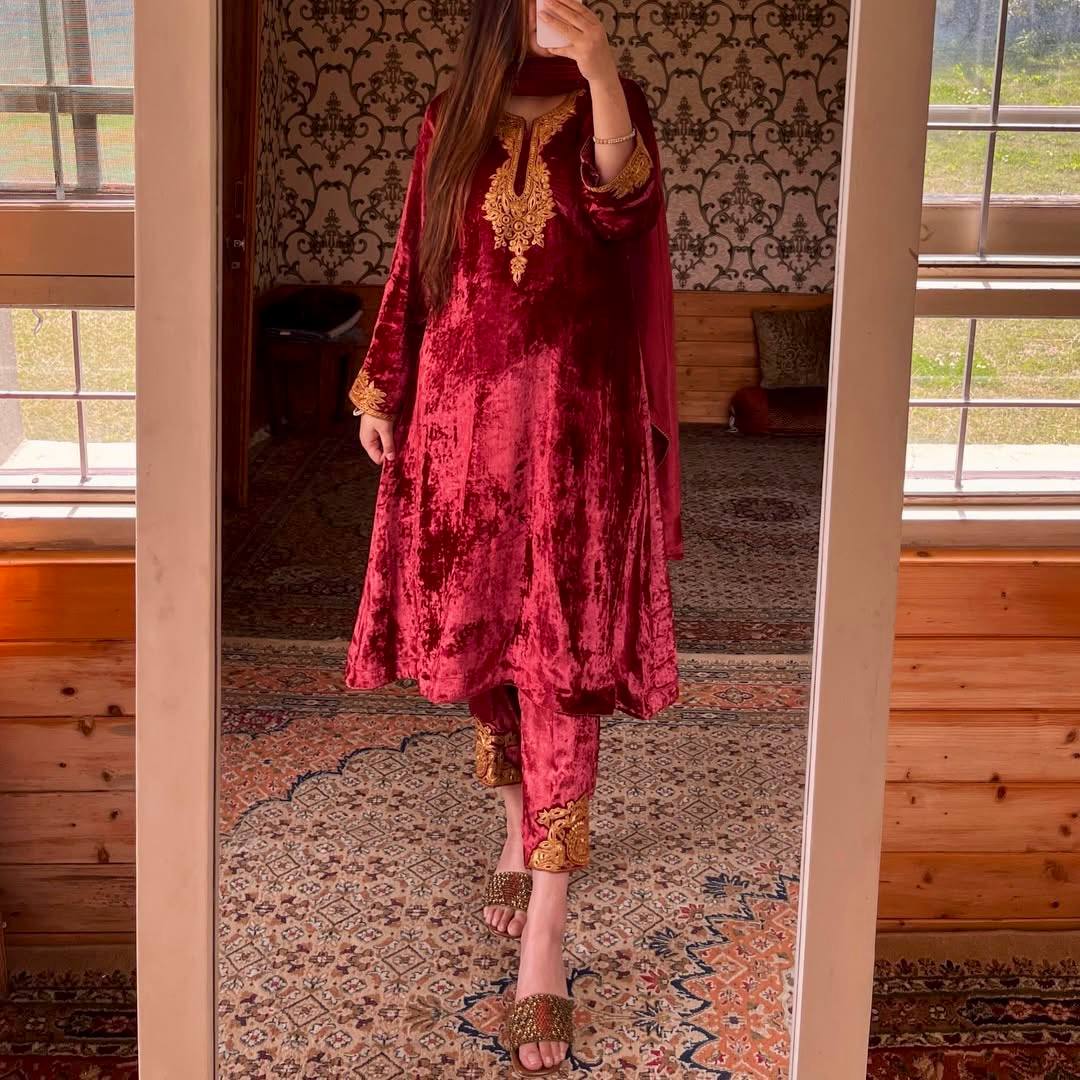 Maroon Premium Designer Party Wear Velvet Top, Bottom & Dupatta Set