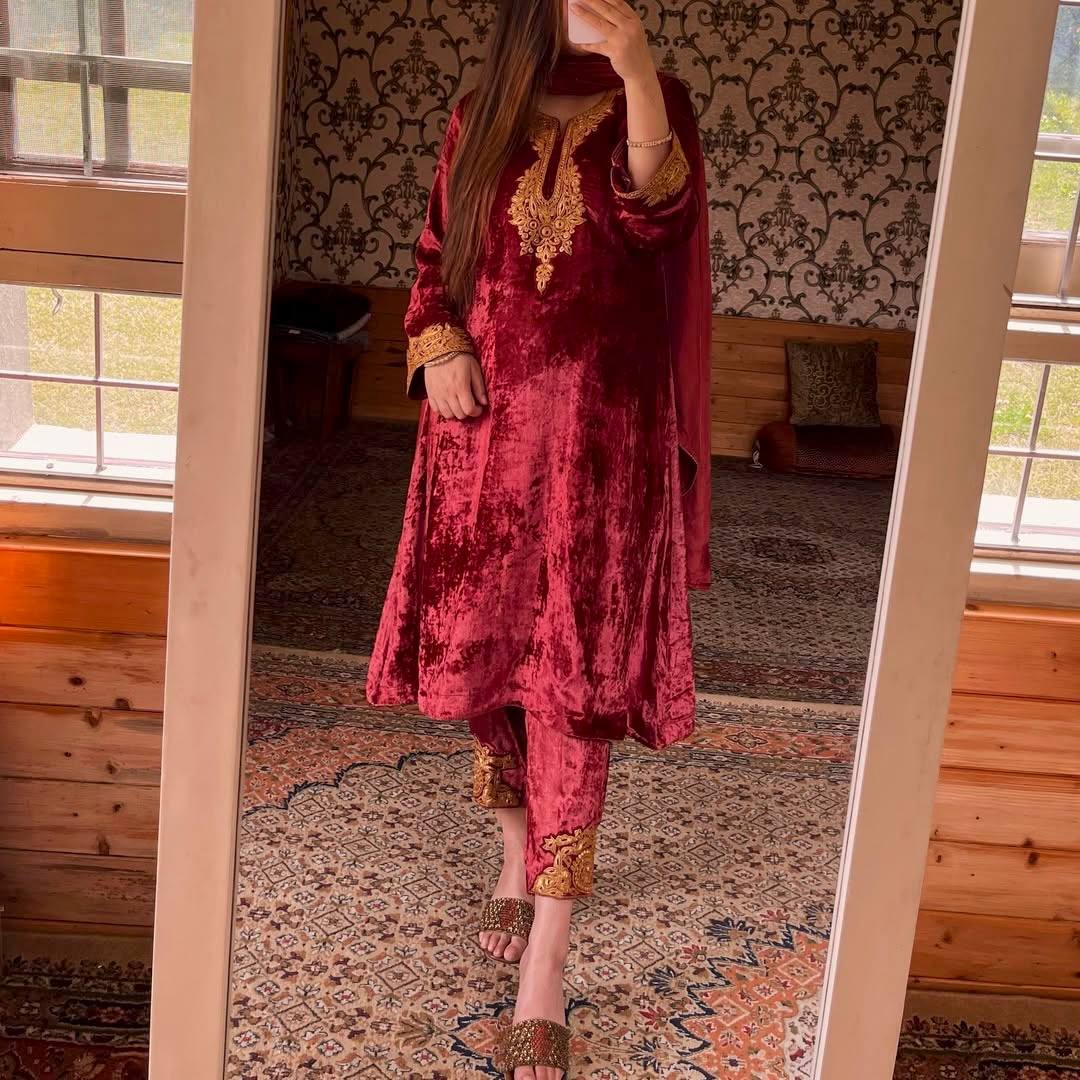 Maroon Premium Designer Party Wear Velvet Top, Bottom & Dupatta Set