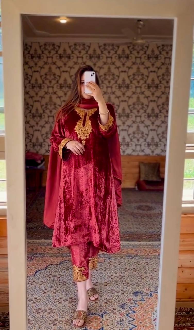 Maroon Premium Designer Party Wear Velvet Top, Bottom & Dupatta Set
