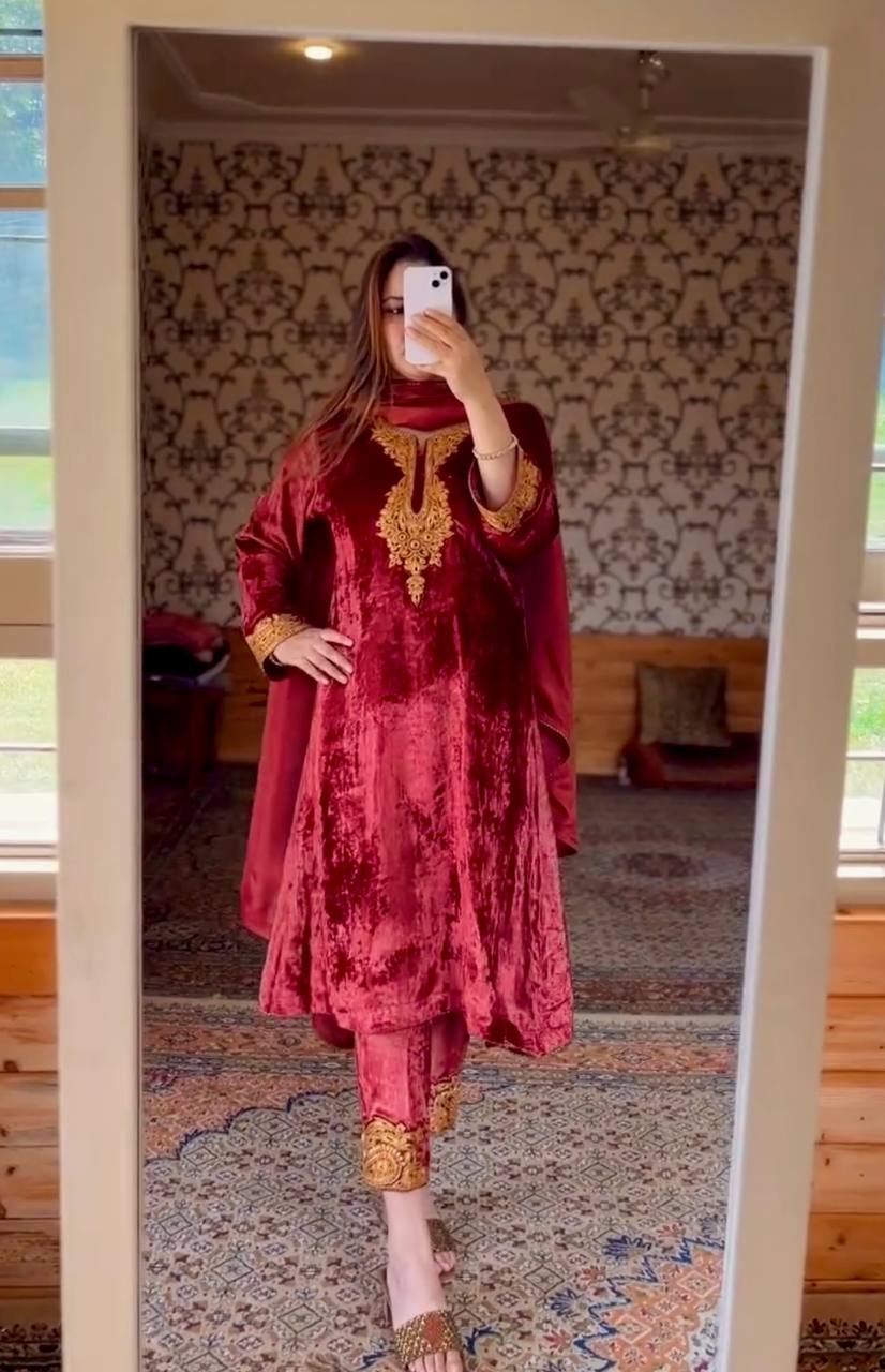 Maroon Premium Designer Party Wear Velvet Top, Bottom & Dupatta Set