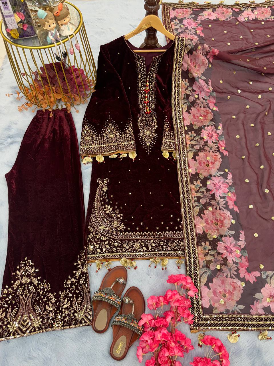 Maroon Premium Designer Party Wear Viscose Velvet Top, Plazzo & Dupatta Set – Elegant Festive Look
