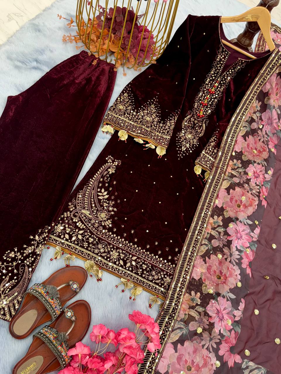 Maroon Premium Designer Party Wear Viscose Velvet Top, Plazzo & Dupatta Set – Elegant Festive Look