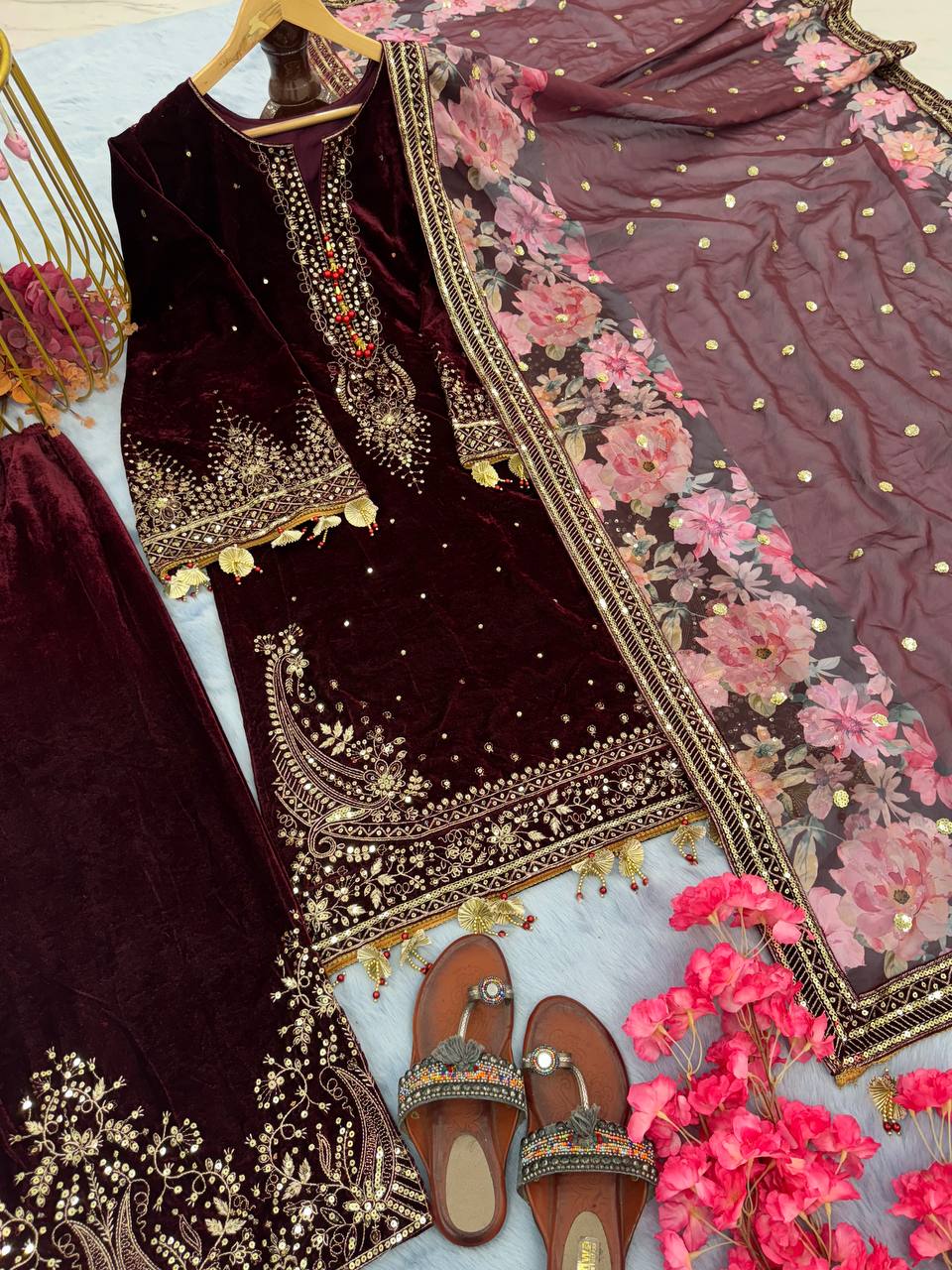Maroon Premium Designer Party Wear Viscose Velvet Top, Plazzo & Dupatta Set – Elegant Festive Look